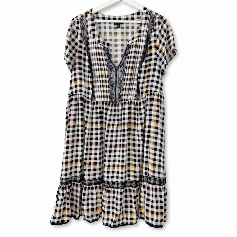 Torrid Challis Plaid Lace Ruffle Hem Skater Dress 2X Black White Yellow